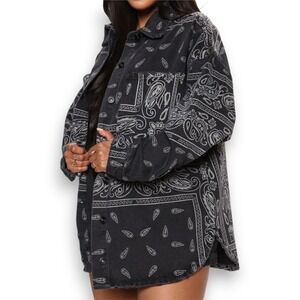 NWT Fashion Nova L Bandana Babe Shacket Black Paisley Oversize Distressed Grunge